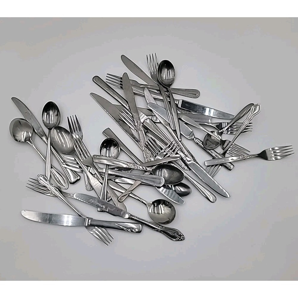 Lot of 37 Mixed Brands and Patterns of Stainless Steel Flatware Silverware
